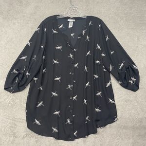 Catherines Shirt Womens 0X Black Bird V Neck Button Up Blouse Flowy Long Sleeve